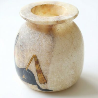Hand-Carved Alabaster Jar with Anubis God