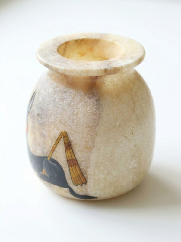 Hand-Carved Alabaster Jar with Anubis God