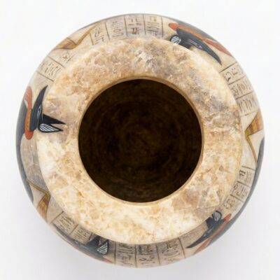 Hand-Carved Alabaster Jar with Anubis God