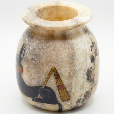 Hand-Carved Alabaster Jar with Anubis God