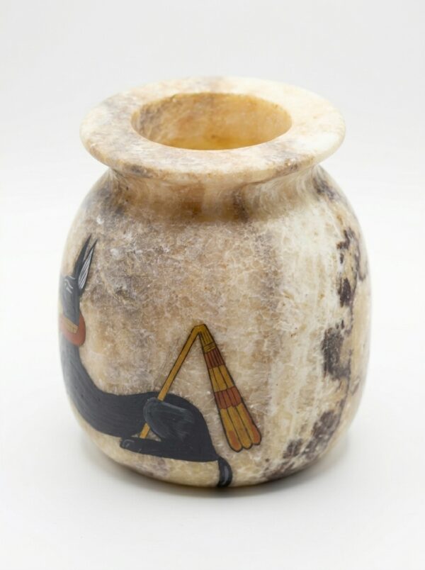 Hand-Carved Alabaster Jar with Anubis God