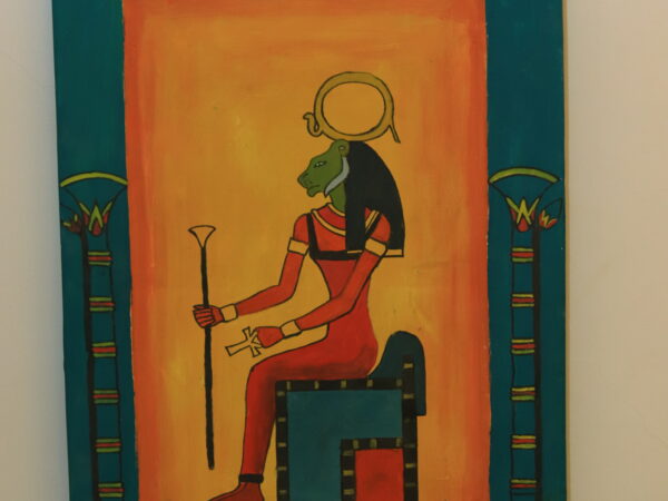 Hand-Painted Wooden Wall Art - Goddess Sekhmet Enthroned