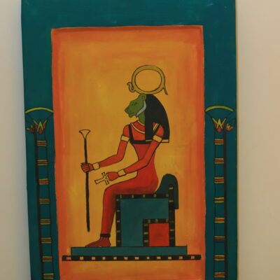Hand-Painted Wooden Wall Art - Goddess Sekhmet Enthroned
