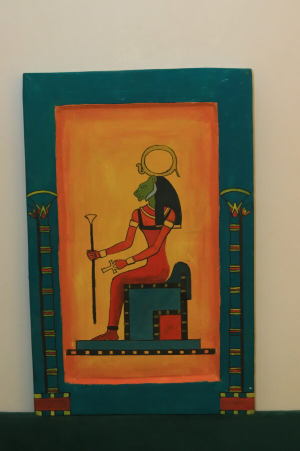 Hand-Painted Wooden Wall Art - Goddess Sekhmet Enthroned