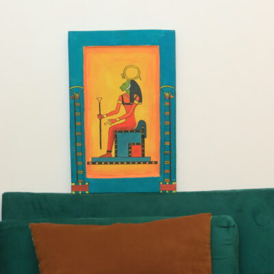 Hand-Painted Wooden Wall Art - Goddess Sekhmet Enthroned