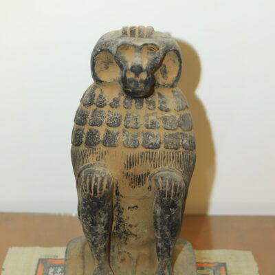 Hand-Carved Black Stone Statue of the Sacred Baboon