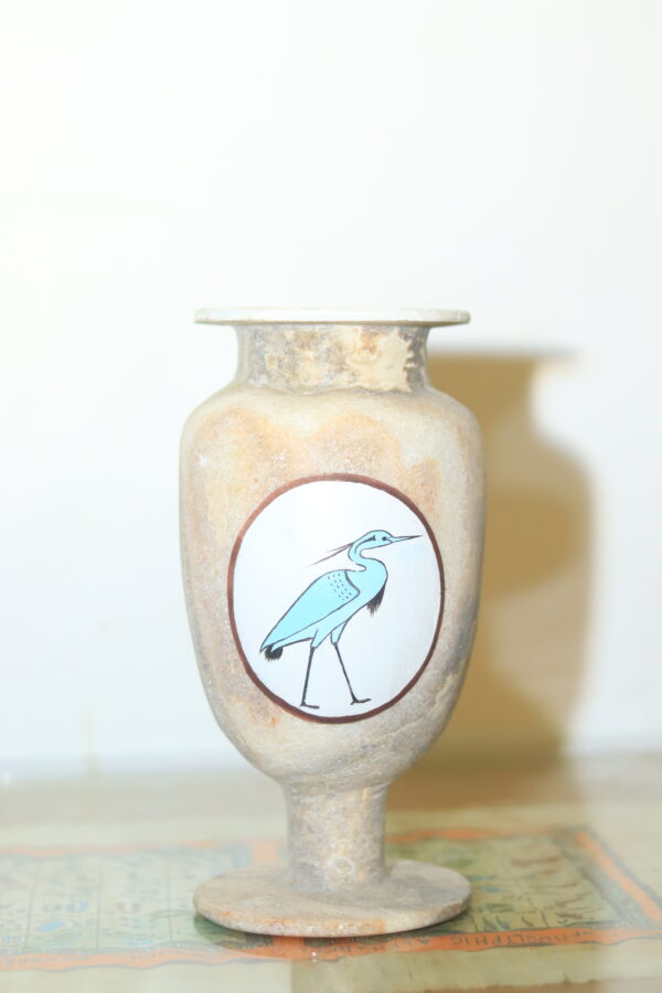Hand-Carved Alabaster Vase with Ibis Bird