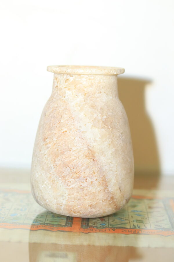 Hand-Carved Alabaster Jar with Anubis God
