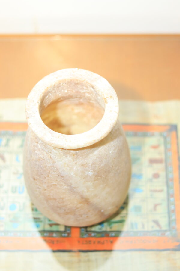 Hand-Carved Alabaster Jar with Anubis God
