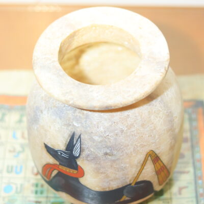 Hand-Carved Alabaster Jar with Anubis God
