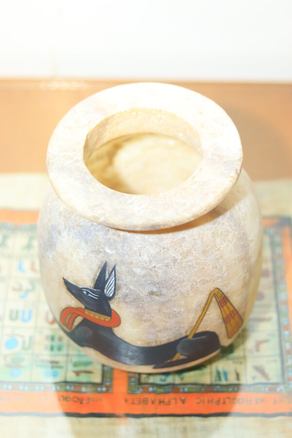 Hand-Carved Alabaster Jar with Anubis God