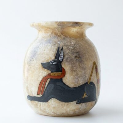 Hand-Carved Alabaster Jar with Anubis God