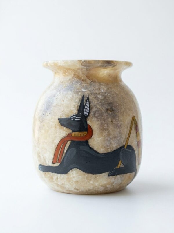 Hand-Carved Alabaster Jar with Anubis God