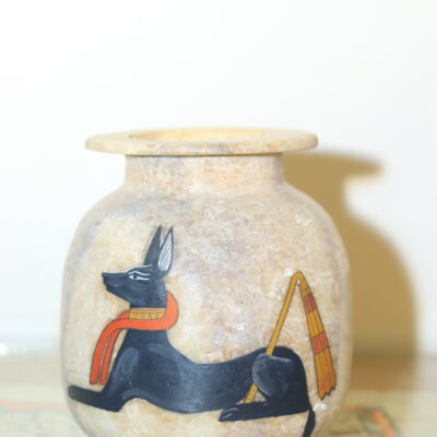 Hand-Carved Alabaster Jar with Anubis God
