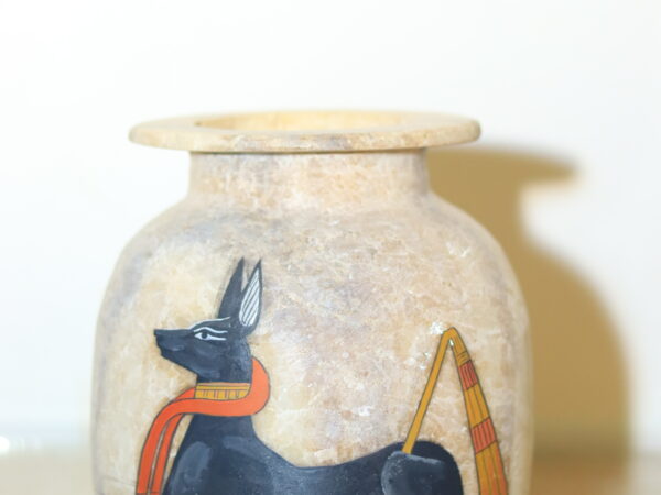 Hand-Carved Alabaster Jar with Anubis God