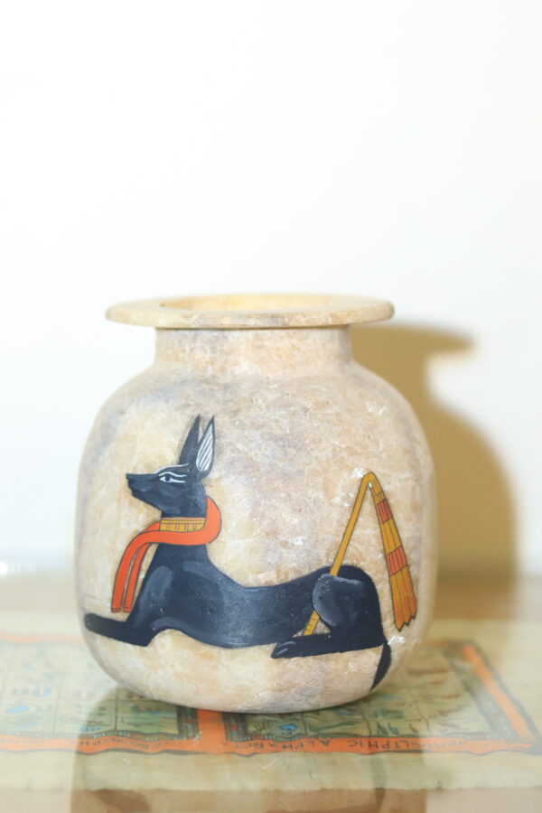 Hand-Carved Alabaster Jar with Anubis God