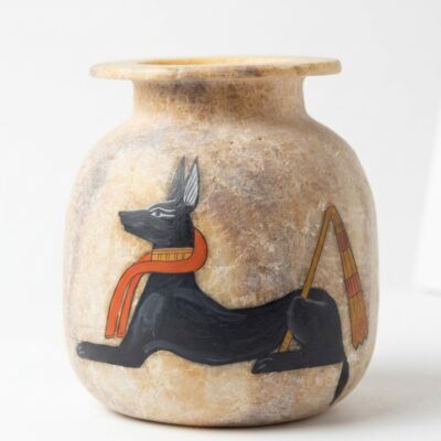 Hand-Carved Alabaster Jar with Anubis God