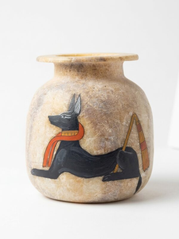 Hand-Carved Alabaster Jar with Anubis God