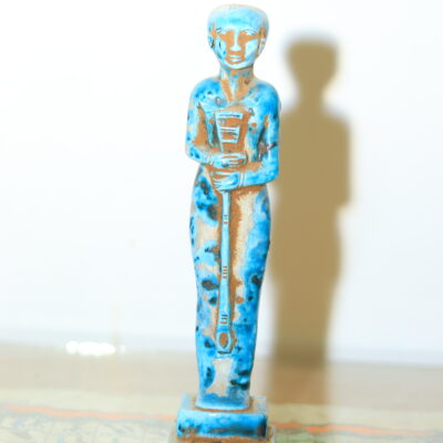 Hand-Carved Blue Ushabti Statue with Hieroglyphs