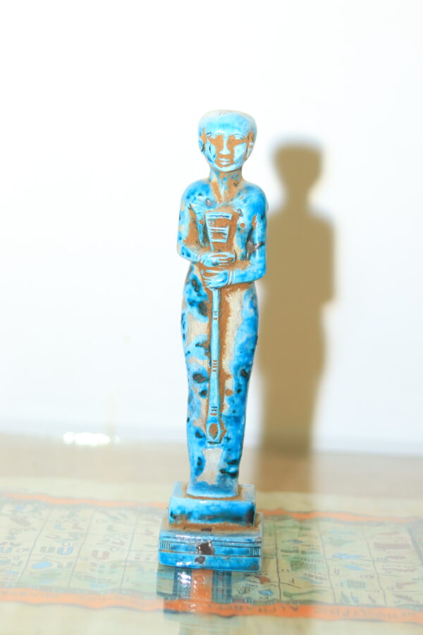 Hand-Carved Blue Ushabti Statue with Hieroglyphs