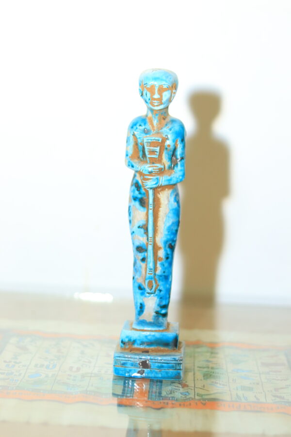 Hand-Carved Blue Ushabti Statue with Hieroglyphs