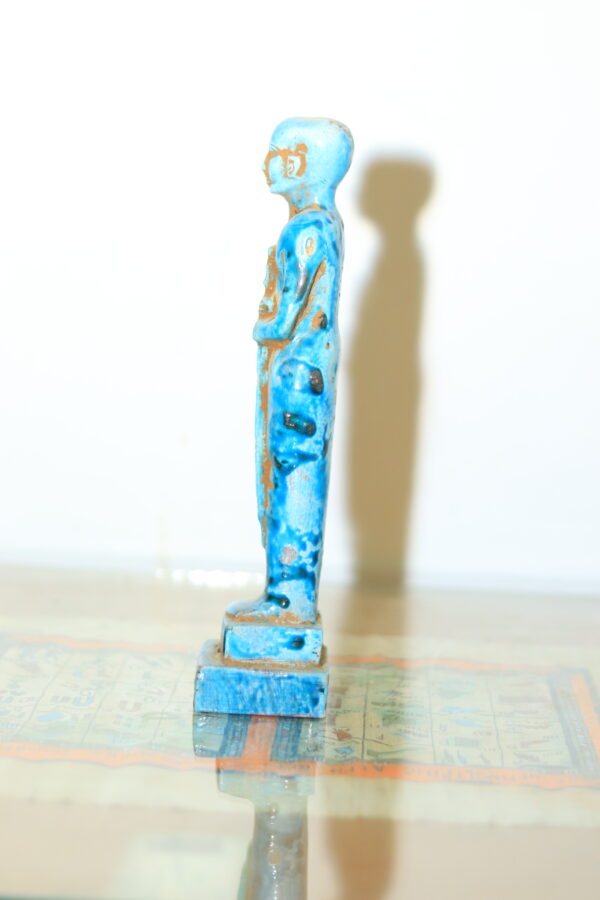 Hand-Carved Blue Ushabti Statue with Hieroglyphs