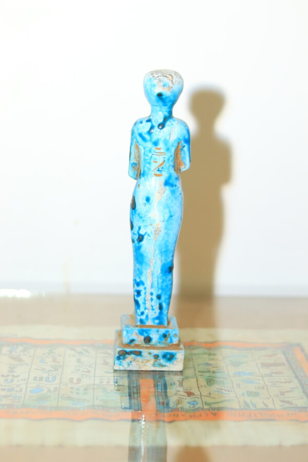 Hand-Carved Blue Ushabti Statue with Hieroglyphs