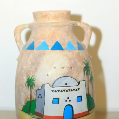 Hand-Painted Egyptian Alabaster Jar with Nile Scene