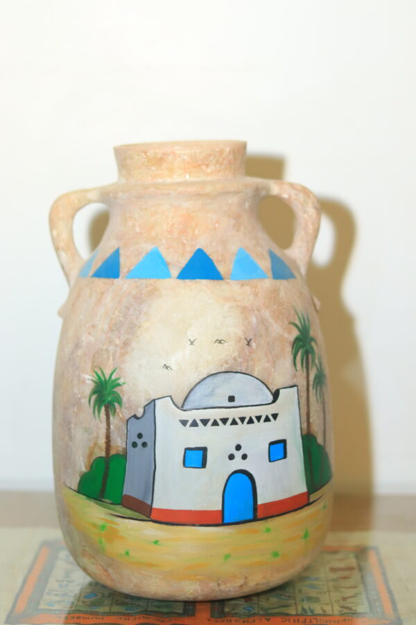 Hand-Painted Egyptian Alabaster Jar with Nile Scene
