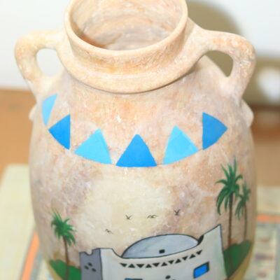 Hand-Painted Egyptian Alabaster Jar with Nile Scene