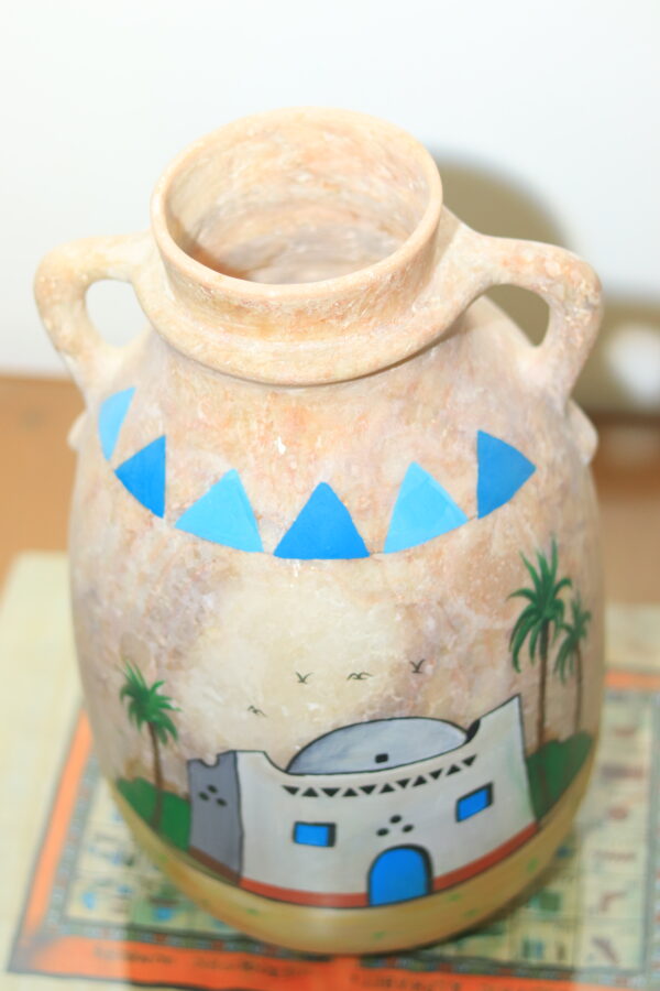 Hand-Painted Egyptian Alabaster Jar with Nile Scene