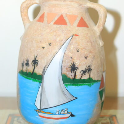 Hand-Painted Egyptian Alabaster Jar with Nile Scene