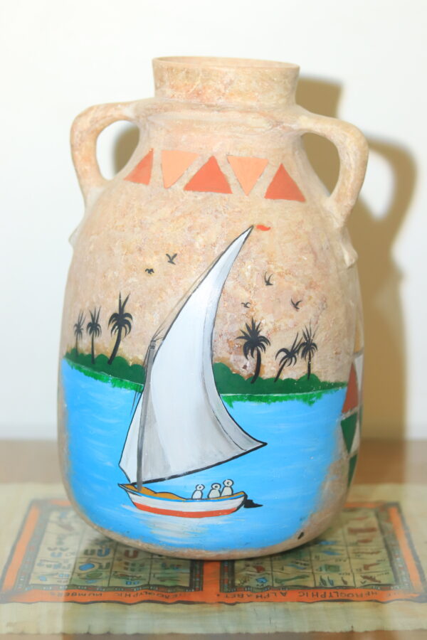 Hand-Painted Egyptian Alabaster Jar with Nile Scene
