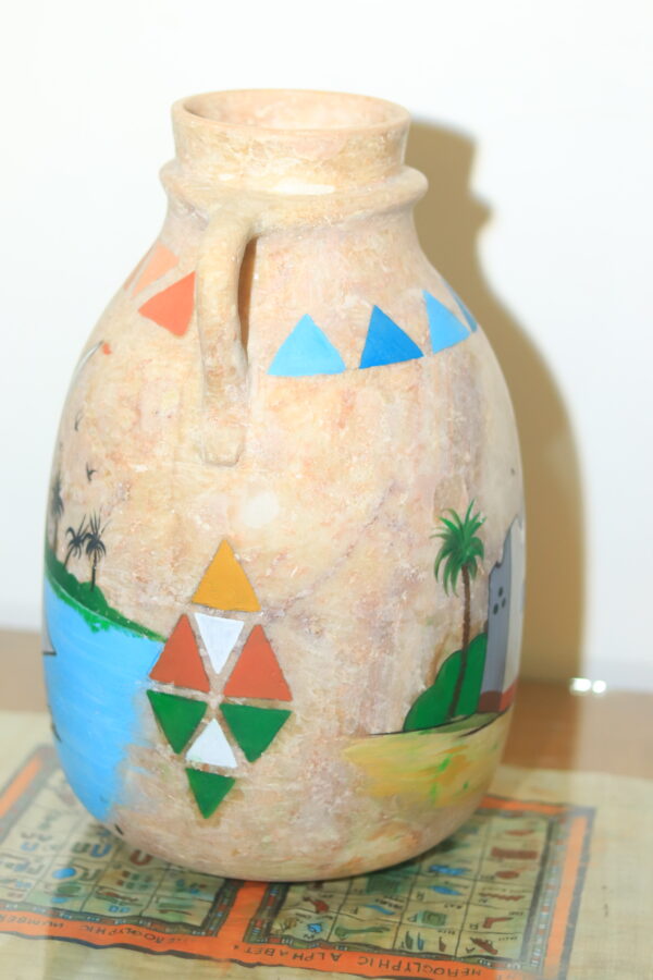 Hand-Painted Egyptian Alabaster Jar with Nile Scene