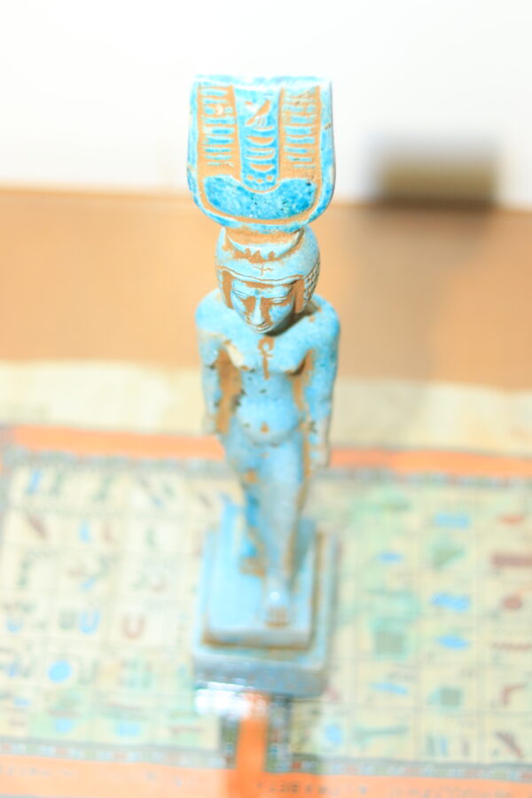 Hand-Carved Egyptian Statue of Goddess Hathor with Sistrum