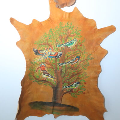 Hand-Painted Leather Wall Art with Birds and Tree
