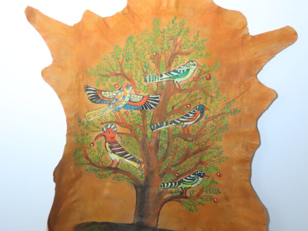 Hand-Painted Leather Wall Art with Birds and Tree