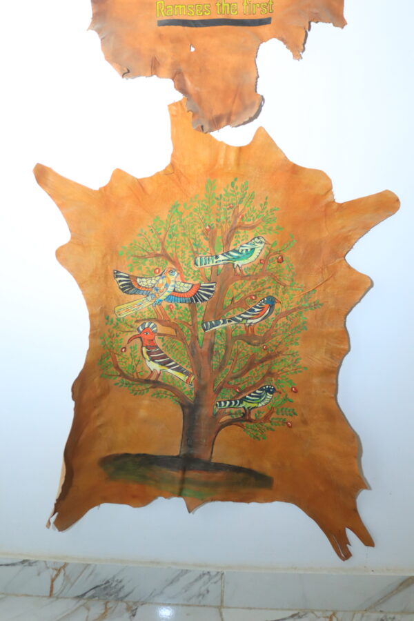 Hand-Painted Leather Wall Art with Birds and Tree