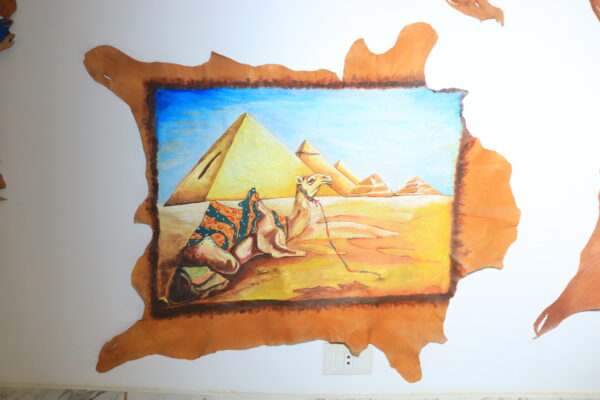 Hand-Painted Leather Wall Art of Egyptian Pyramids and Camel