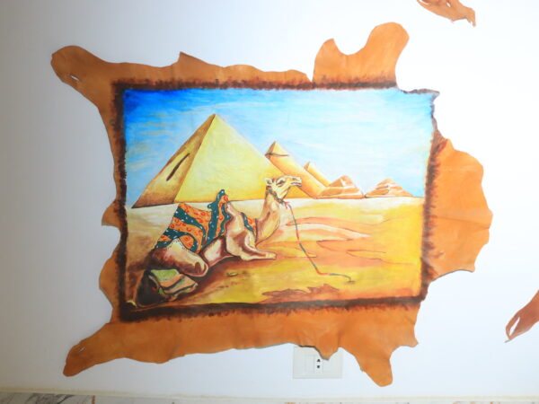Hand-Painted Leather Wall Art of Egyptian Pyramids and Camel