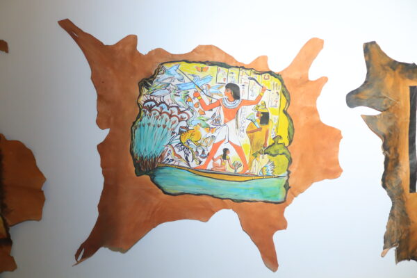 Hand-Painted Leather Wall Art with Ancient Egyptian Hunting Scene