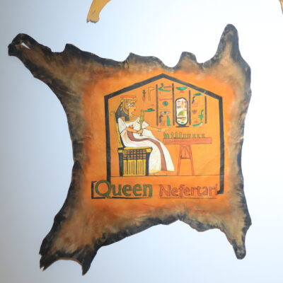 Hand-Painted Leather Wall Art of Queen Nefertari at an Offering Table