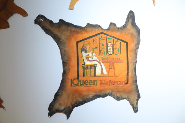 Hand-Painted Leather Wall Art of Queen Nefertari at an Offering Table