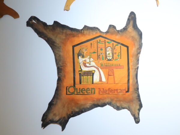 Hand-Painted Leather Wall Art of Queen Nefertari at an Offering Table