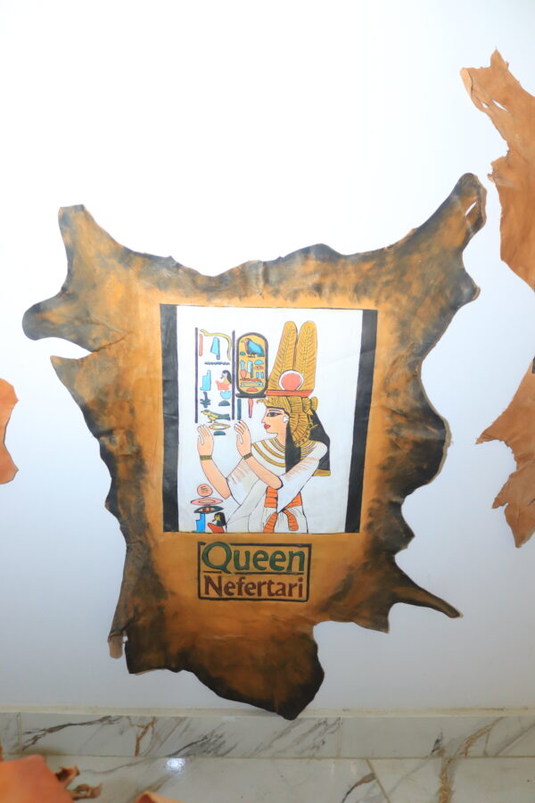Hand-Painted Leather Wall Art of Queen Nefertari Making an Offering