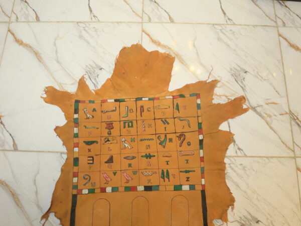 Hand-Painted Leather Wall Art with Egyptian Hieroglyphic Alphabet