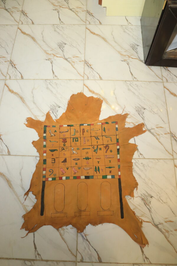 Hand-Painted Leather Wall Art with Egyptian Hieroglyphic Alphabet