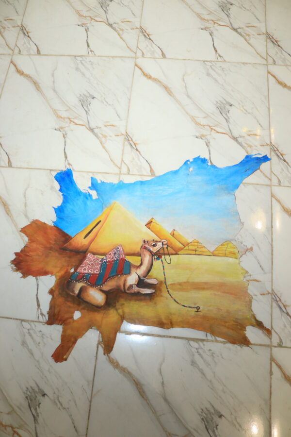 Hand-Painted Leather Wall Art of Egyptian Pyramids and Camel