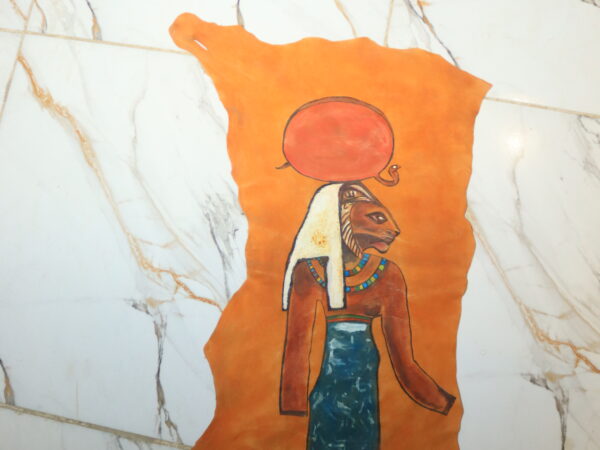 Hand-Painted Leather Wall Art of Goddess Sekhmet