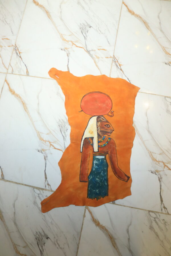 Hand-Painted Leather Wall Art of Goddess Sekhmet